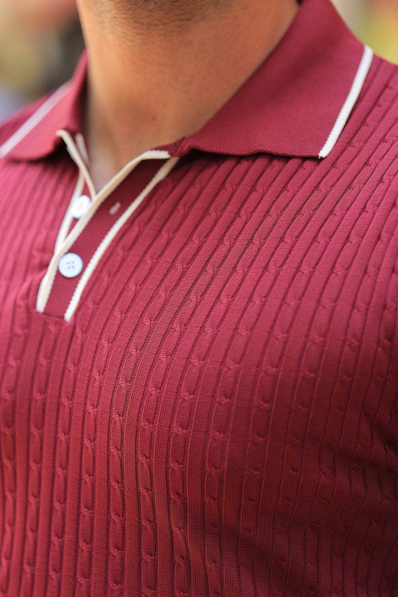 Strickpullover in Pflaume – italienischer Kragen, Jacquard, mit Knopfdetail, Regular Fit