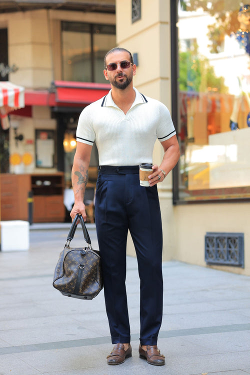 Erstklassig Hose in Marineblau – mit Doppelbundfalte, mit einzelnem Bundknopf, italienischer Stil