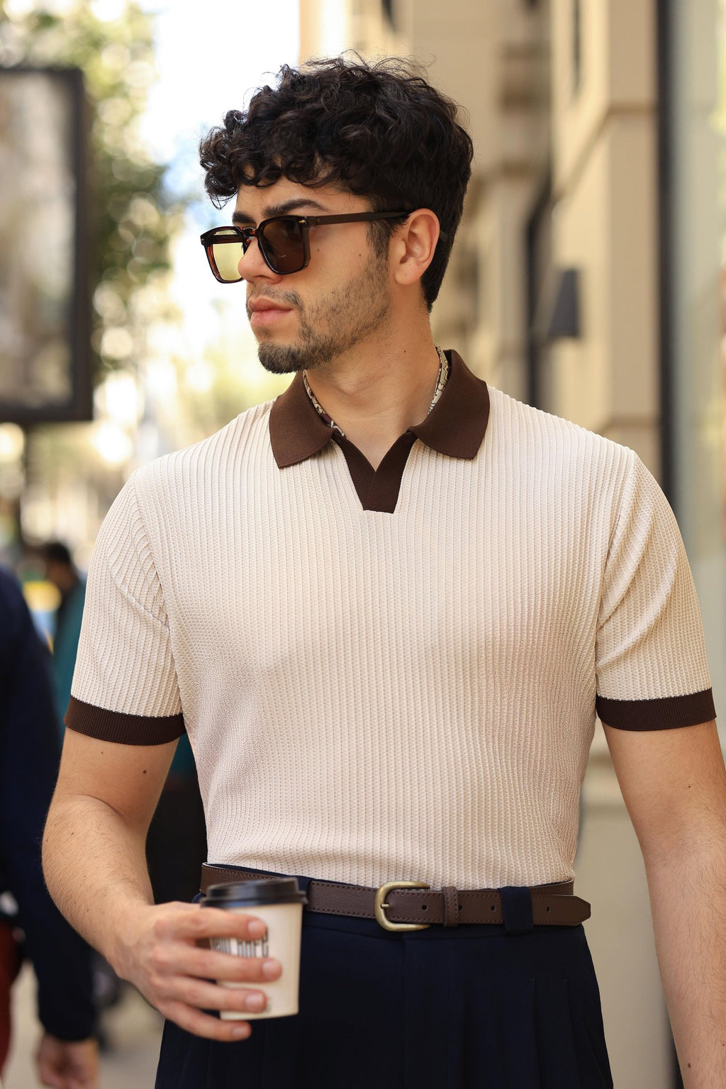 Erstklassig Strickpullover in Beige – 70% Baumwolle / 30% Viskose, italienischer Kragen, Casual, gewebt