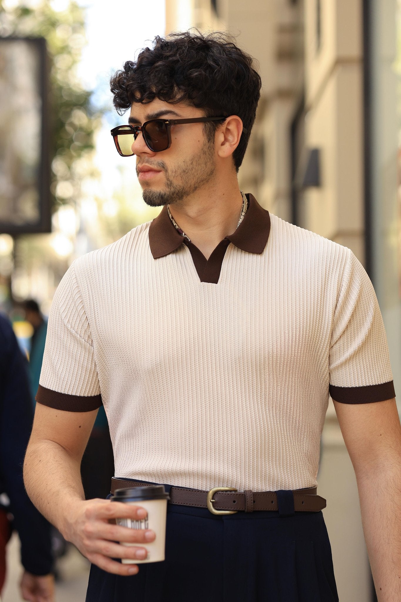 Erstklassig Strickpullover in Beige – 70% Baumwolle / 30% Viskose, italienischer Kragen, Casual, gewebt