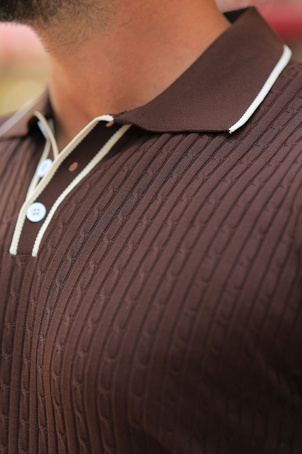 Strickpullover in Braun – italienischer Kragen, Jacquard, mit Knopfdetail, Regular Fit
