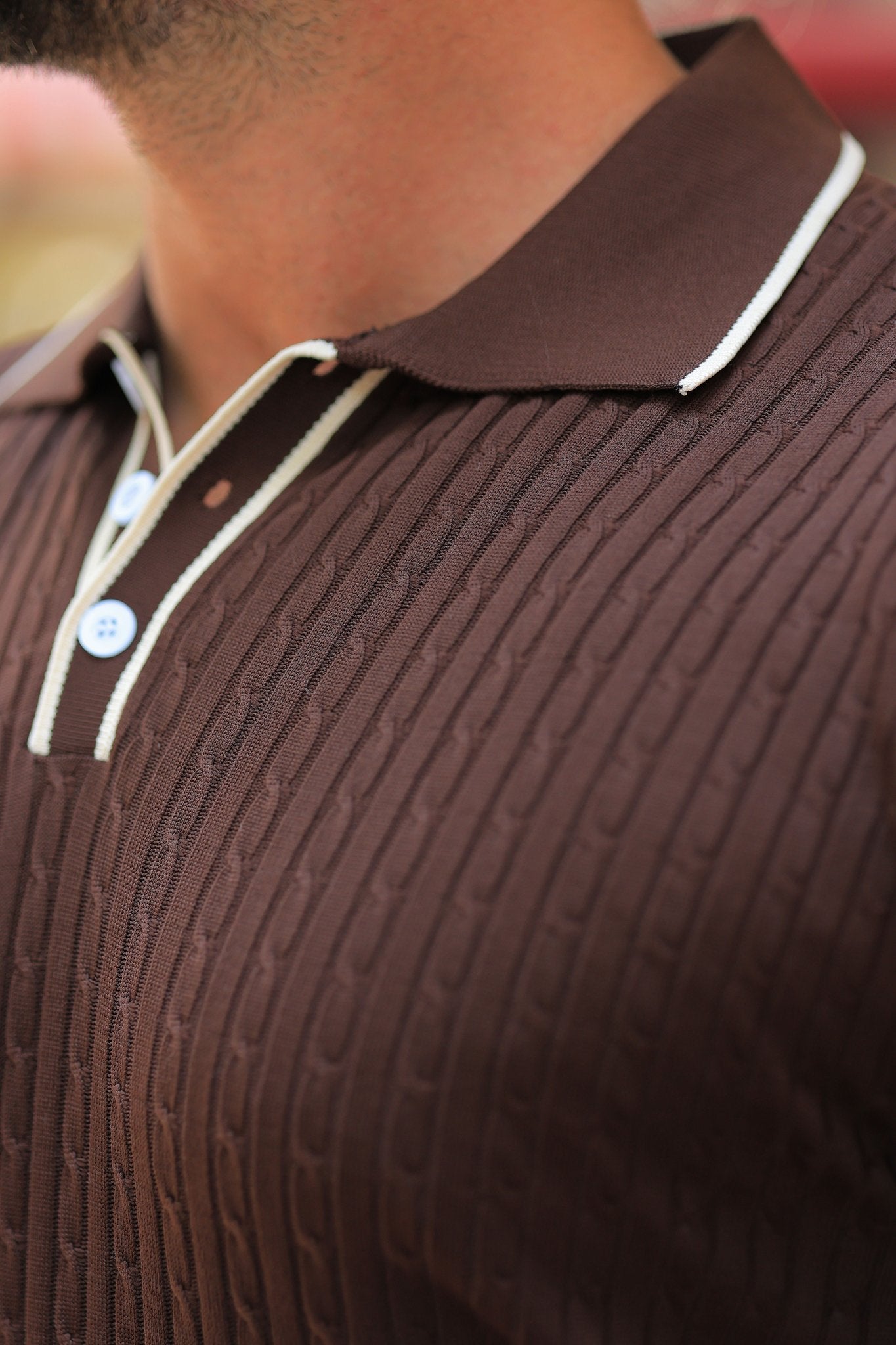 Strickpullover in Braun – italienischer Kragen, Jacquard, mit Knopfdetail, Regular Fit