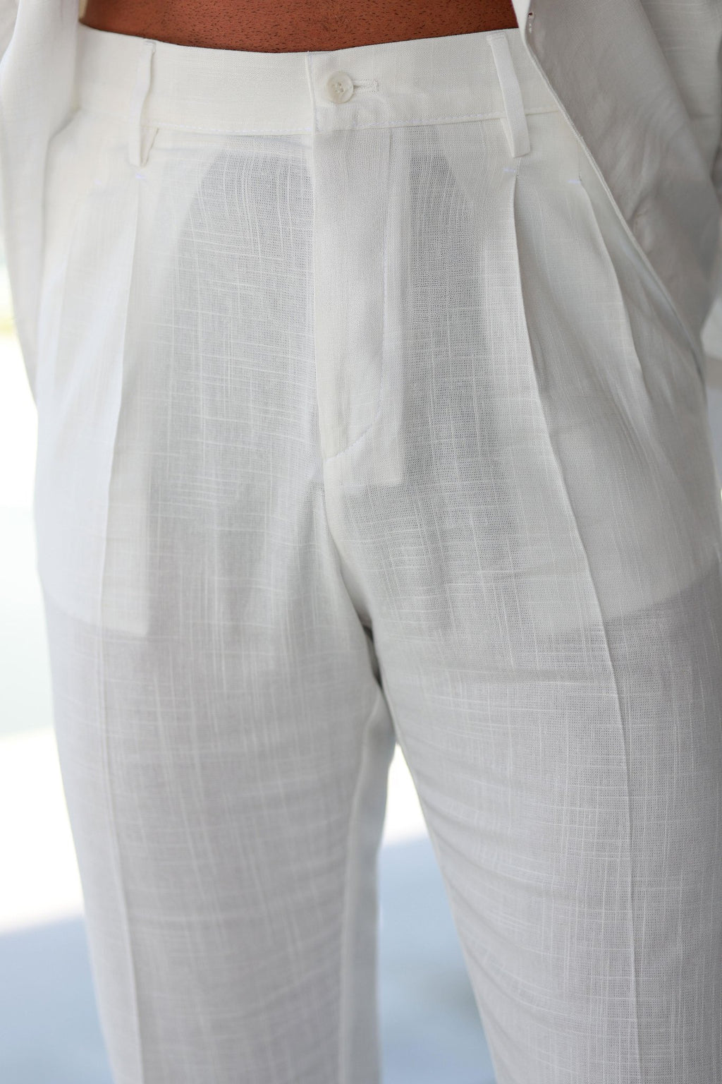 Premium Qualität Set in Ecru – 70% reines Leinen / 30% Baumwolle, Regular Fit, zweireihig