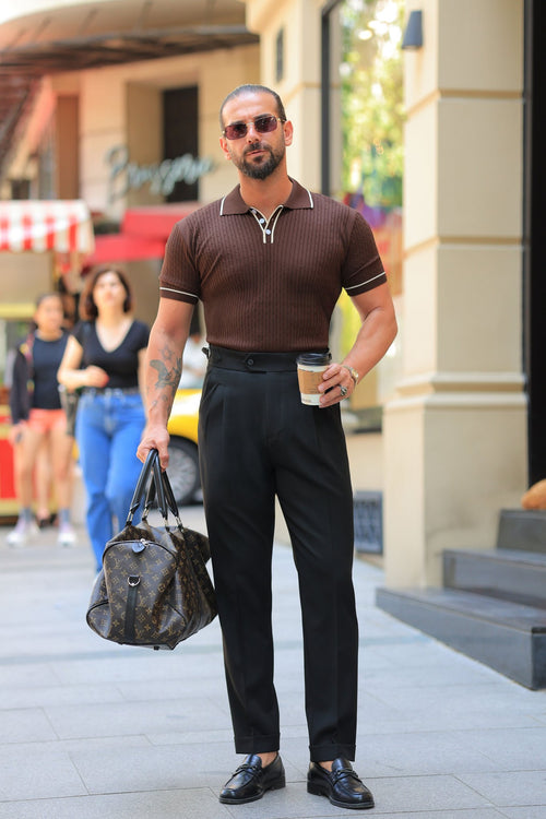 Erstklassig Hose in Schwarz – mit Doppelbundfalte, mit einzelnem Bundknopf, italienischer Stil