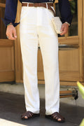 Premium Qualität Hose in Ecru – 70% reines Leinen / 30% Baumwolle, italienischer Stil, Regular Fit, mit Doppelbundfalte