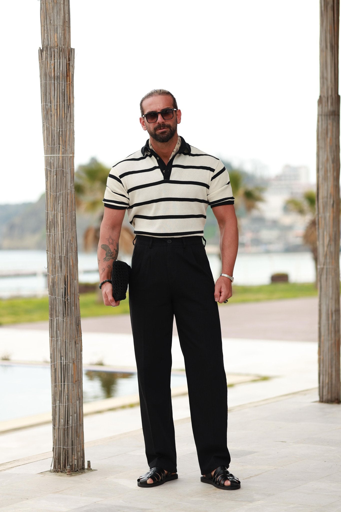 Premium Qualität Hose in Schwarz – 70% reines Leinen / 30% Baumwolle, mit Doppelbundfalte, Baggy