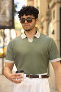 Erstklassig Strickpullover in Grün – 70% Baumwolle / 30% Viskose, italienischer Kragen, Casual, gewebt