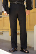 Premium Qualität Hose in Schwarz – 70% reines Leinen / 30% Baumwolle, italienischer Stil, Regular Fit, mit Doppelbundfalte