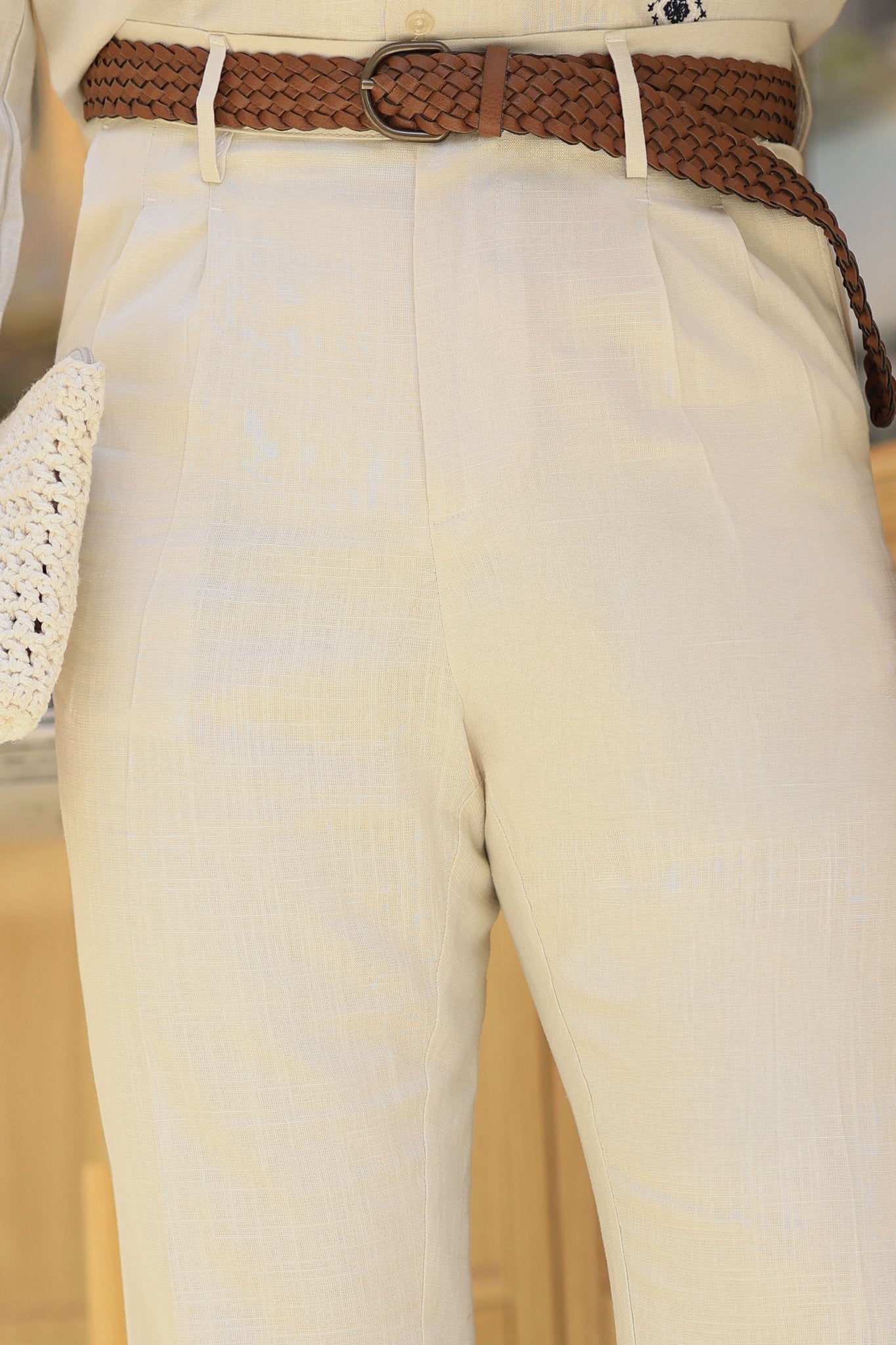 Premium Qualität Hose in Beige – 70% reines Leinen / 30% Baumwolle, italienischer Stil, Regular Fit, mit Doppelbundfalte