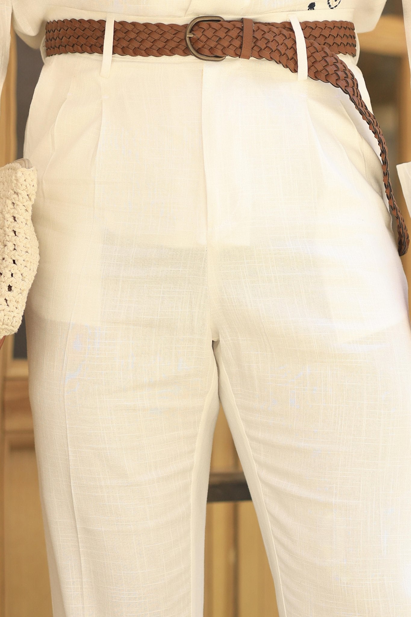 Premium Qualität Hose in Stein – 70% reines Leinen / 30% Baumwolle, italienischer Stil, Regular Fit, mit Doppelbundfalte