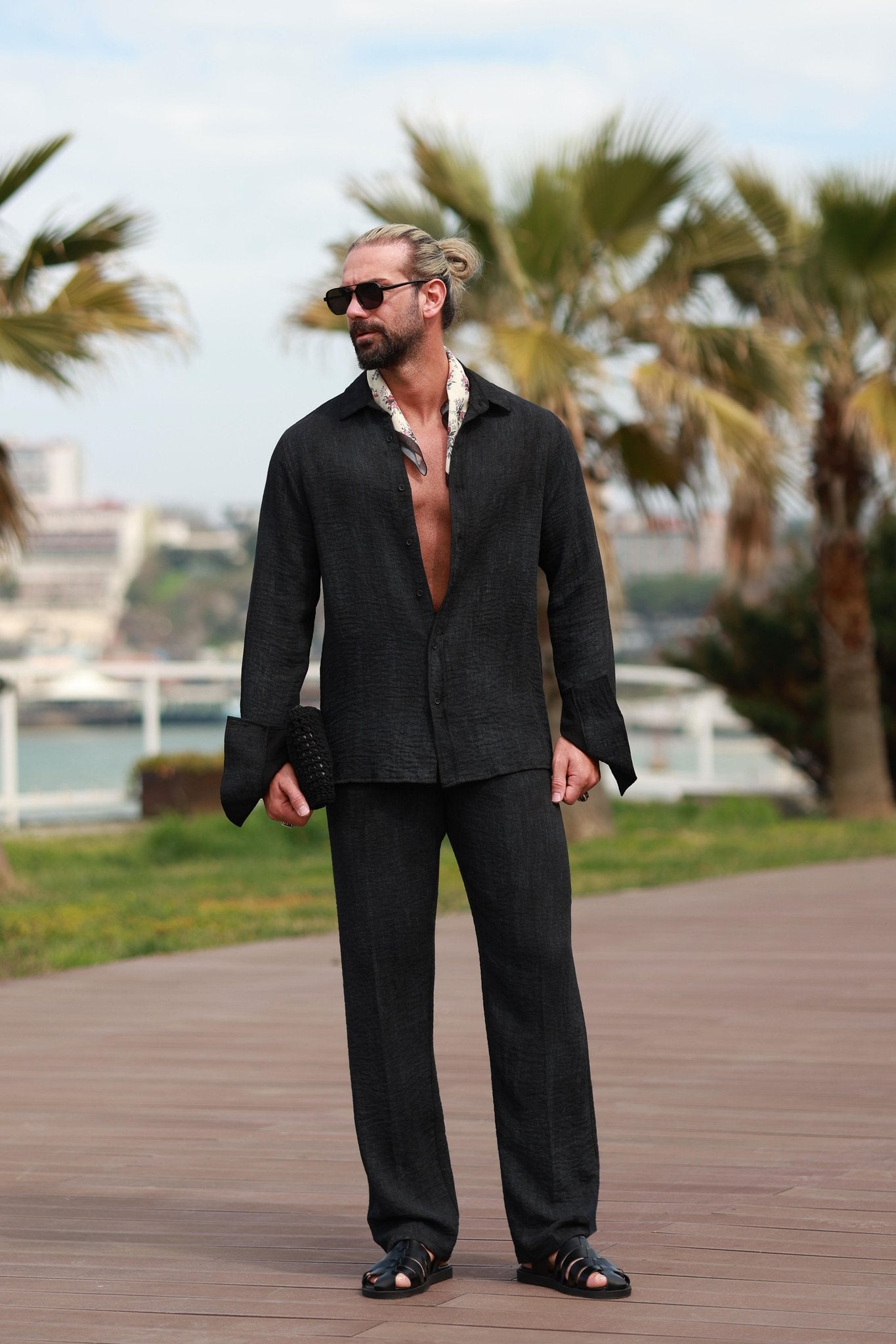Premium Qualität Set in Schwarz – 70% reines Leinen / 30% Baumwolle, Oversize