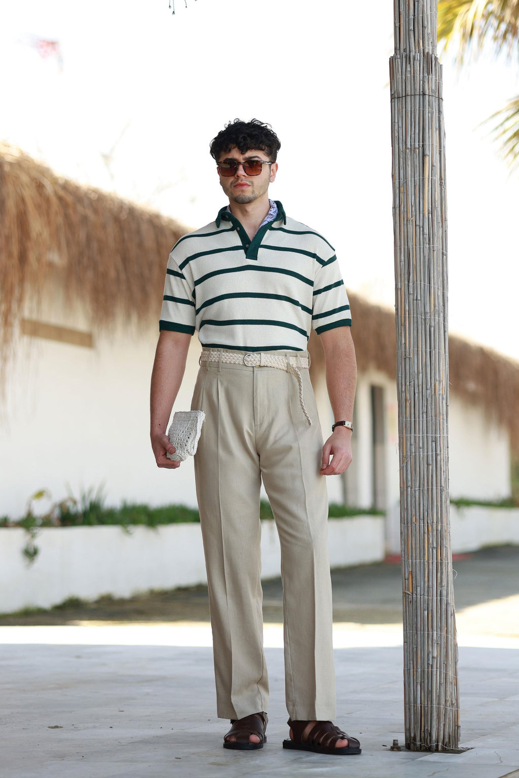 Erstklassig Hose in Beige – Leinen, mit doppelten Gürtelschlaufen