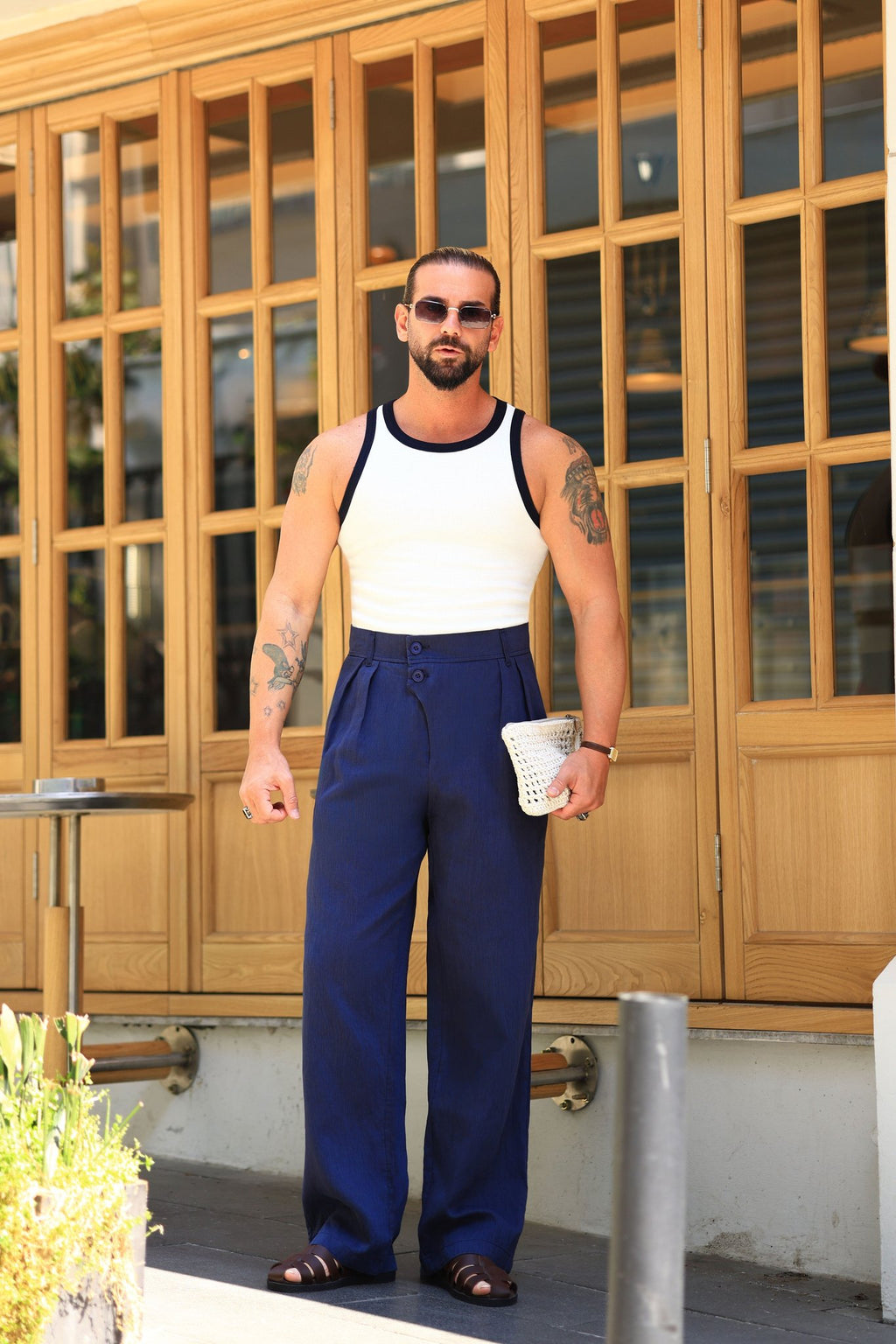 Premium Qualität Hose in Marineblau – 70% Baumwolle / 30% Leinen, italienischer Stil