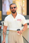 Strickpullover in Ecru – 100% reine Baumwolle, moderner offener Kragen mit Stickerei, Regular Fit