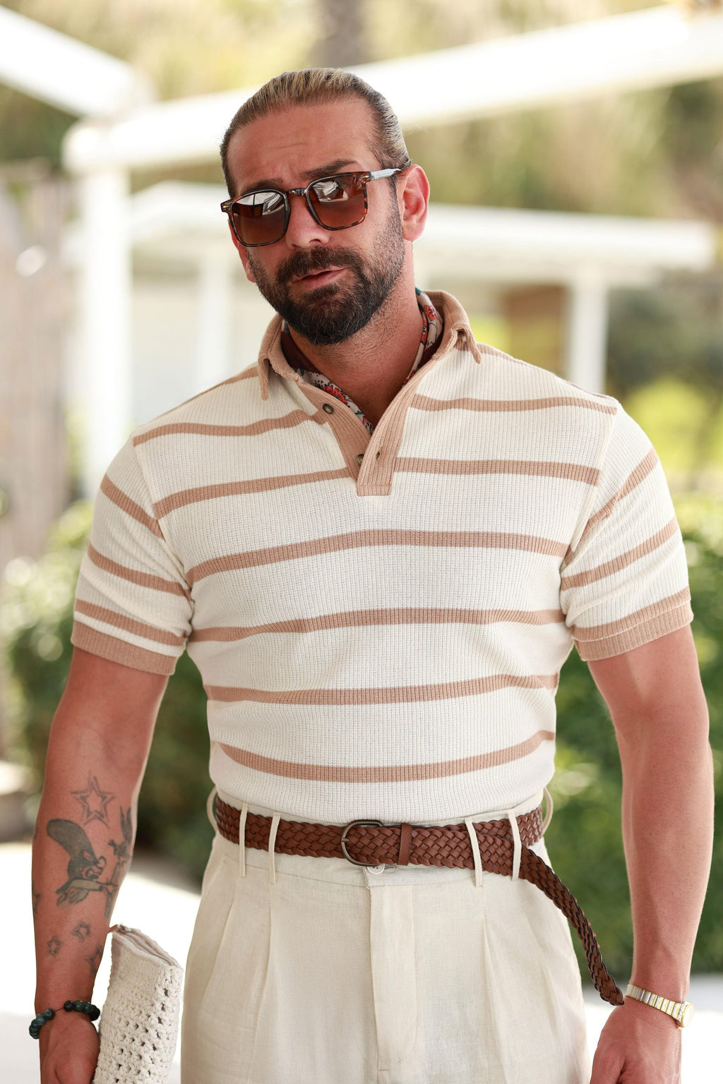Premium Qualität Strickpullover in Beige – 70% Baumwolle / 30% Leinen, mit Streifendetail, Relaxed Fit