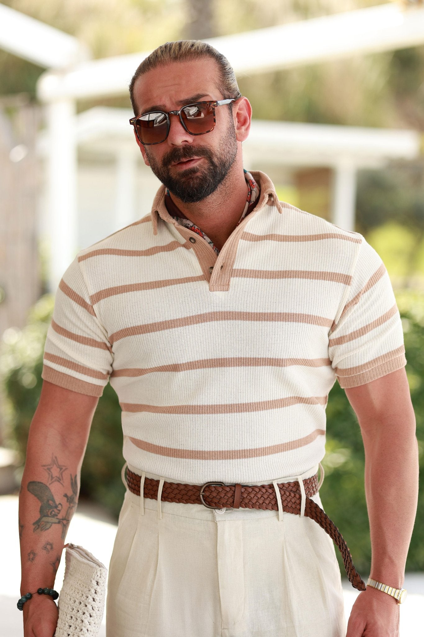Premium Qualität Strickpullover in Beige – 70% Baumwolle / 30% Leinen, mit Streifendetail, Relaxed Fit