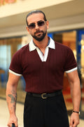 Premium Qualität Strickpullover in Bordeaux – 100% Baumwolle, mit vertikalem Kontraststreifen