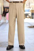 Premium Qualität Hose in Beige – mit Doppelbundfalte, hohe Taille, mit breiten Gürtelschlaufen, Baggy Fit