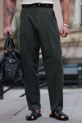 Premium Qualität Hose in Khaki – mit Streifendetail, mit Doppelbundfalte, Boyfriend, hohe Taille