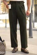 Erstklassig Hose in Khaki – mit Doppelbundfalte, hohe Taille, mit seitlichem Hakenverschluss