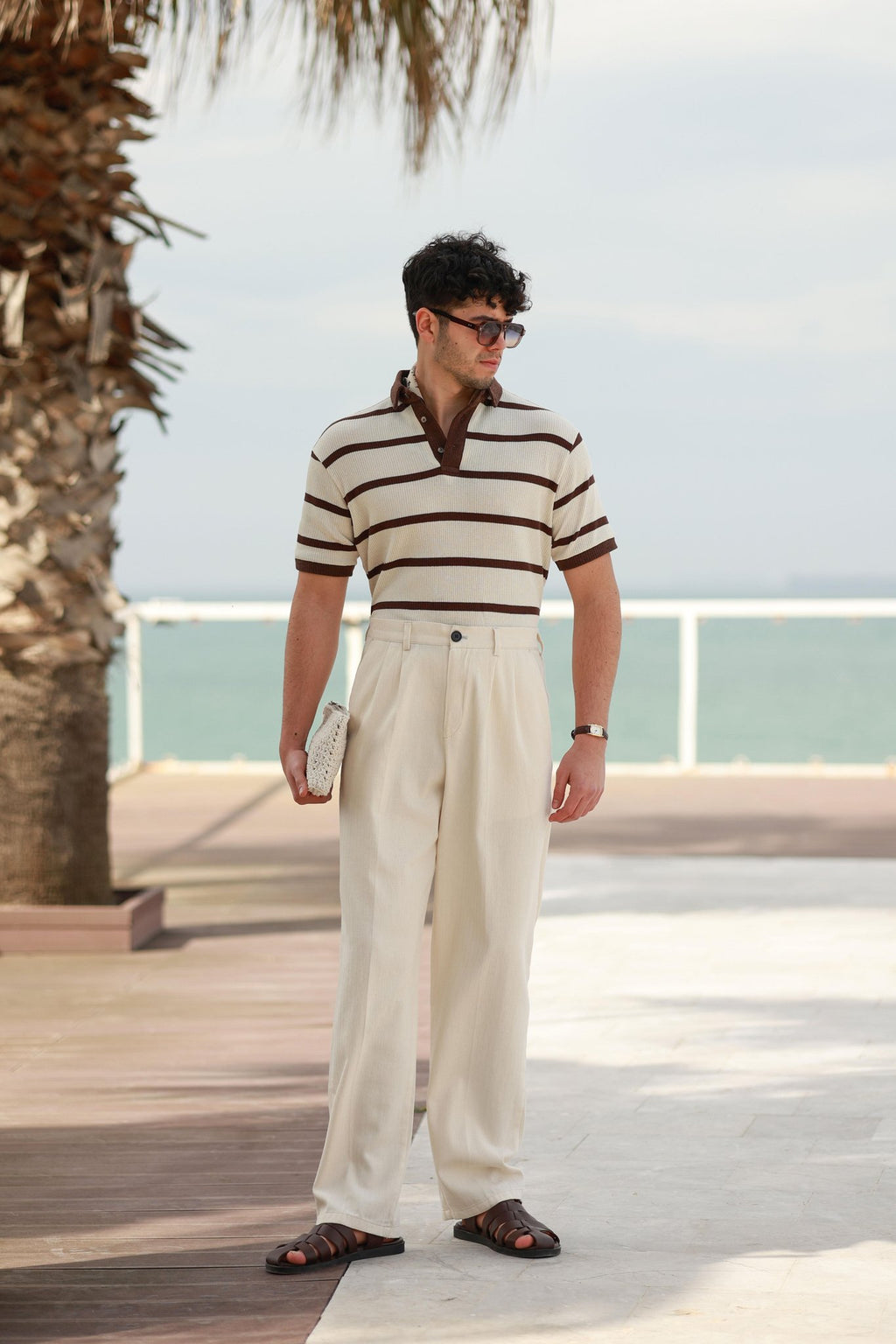 Premium Qualität Hose in Beige – 70% reines Leinen / 30% Baumwolle, mit Doppelbundfalte, Baggy