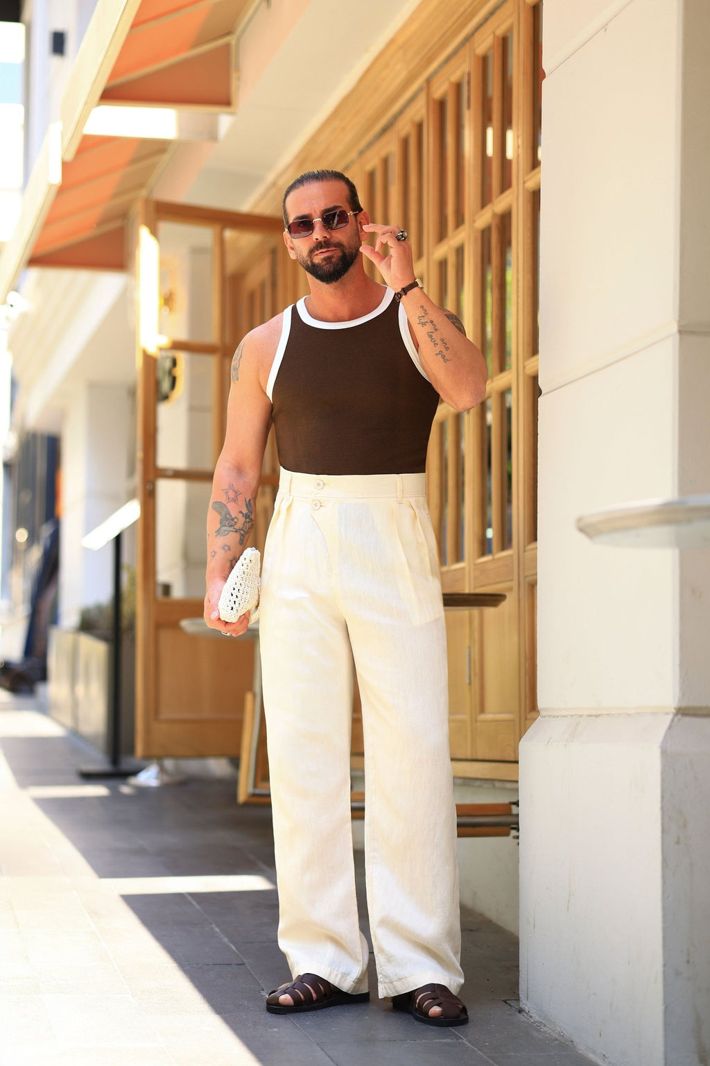 Premium Qualität Hose in Ecru – 70% Baumwolle / 30% Leinen, italienischer Stil